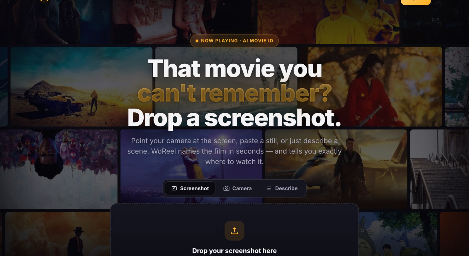 The WoReel home page: a headline reading “That movie you can't remember? Drop a screenshot.” above an upload area, over a mosaic of film stills.